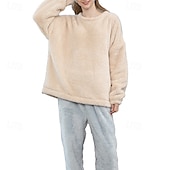 billiga Loungewear till damer-Dam Pyjamas Vardagsklädsel Ledigt Lappverk Ren färg Lappverk Semester Hem Säng Långärmad Rund hals Blå Beige Höst Vinter Skräddarsydd passform