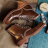 abordables Bottes de travail-Bottines à lacets en similicuir marron pour homme avec surpiqûres rétro – bottines de travail décontractées pour l&#039;extérieur, idéales au quotidien