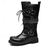 cheap Biker Boots-Men's Punk Gothic Combat Boots – Black Lace-Up Mid-Calf Boots with Buckle Straps, Spiked Studs, and Heavy Duty Sole for Halloween, Cosplay and Nightlife Parties