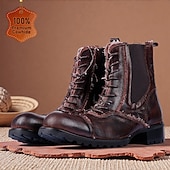 cheap Premium Leather Boots-Men's Brown Leather Work Boots – Vintage Cowhide Lace-Up Ankle Shoes with Rugged Sole for Construction, Outdoor Adventure and Casual Daily Wear