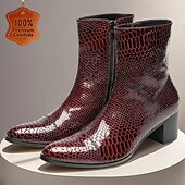 お買い得  プレミアムレザーブーツ-メンズ本革バーガンディクロコダイル柄ジッパーブーツ - ビジネス、イブニングパーティー、特別な機会に最適なレトロなアンクルブーツ