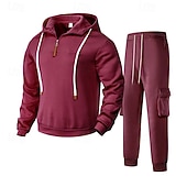 abordables Survêtements de base-Homme Ensemble Survetement Ensemble de tenues Ensemble de sweats à capuche Sweat à Capuche Extérieur Quotidien Sports Cordon de serrage Avec Poches Uni Rouge vin Noir Blanche Polyester Tenues de Sport
