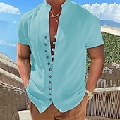 cheap Vacation-Men&#039;s Linen Shirt Summer Shirt Beach Wear Button Up Shirt Plain Vacation Curise Black White Pink Blue Short Sleeve Stand Collar Spring &amp; Summer Clothing Apparel Basic
