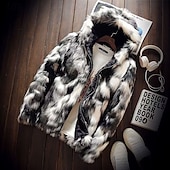 tanie Kurtki i płaszcze męskie-Męskie Kurtka zimowa Zwykła kurtka Płaszcz ze sztucznego futra Urlop Codzienny Keep Warm Kieszeń Trykot Zima Wzór w panterkę Moda Moda miejska Kaptur Regularny Czarny Kurtki