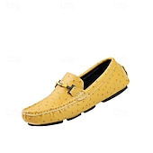 cheap Casual Loafers-Men's Yellow Ostrich Pattern Loafers with Metal Buckle, Casual Slip-On Driving Moccasins for Business, Summer Parties and Everyday Wear