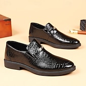 cheap Loafers-Men's Black Crocodile Pattern Loafers – Faux Leather Slip-On Dress Shoes with Glossy Finish, Elegant Business and Formal Party Footwear