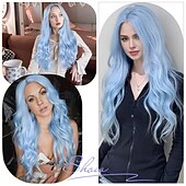economico Parrucche da festa-parrucca blu lunga parrucca azzurra per donna in fibra sintetica resistente al calore onda completa 3d colore alla moda per cosplay &amp;uso quotidiano