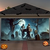  Halloween Garage Door Cover Skull Coffin and Spider Web Banner Haunted House Horror Scene Spooky Backdrop Tapestry for Outdoor Wall Fence Yard Halloween Party Decoration