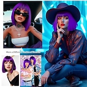 tanie Peruki imprezowe-Fioletowa peruka typu bob z grzywką, krótka, prosta, ciemnofioletowa peruka typu bob dla kobiet, do ramion, syntetyczna, odporna na ciepło, z płaską grzywką, na co dzień, na imprezę, cosplay,