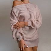voordelige Trui Jurken-Dames Mini-jurk Trui-jurk Modieus Modern Lantaarn mouw Dagelijks Uitgaan Weekend Normale pasvorm Effen Lange mouw Schouderafhangend Zwart Wit Blozend Roze blauw Lente Herfst