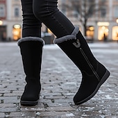 abordables Bottes de neige et d'hiver-bottes d'hiver en daim noir pour femmes avec doublure en fausse fourrure et fermeture éclair latérale - bottes mi-mollet chaudes et élégantes pour temps froid