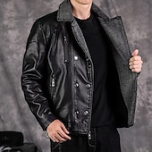 cheap Faux Leather Jackets-Men's Faux Leather Jacket Fleece Jacket Biker Jacket Motorcycle Jacket Daily Vacation Windproof Warm Pocket Fall Winter Plain Fashion Classic Lapel Regular Faux Leather Black Wine Jacket