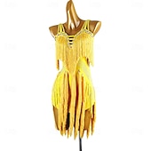 cheap Competition Dress-Women's Black Fringe Latin Dance Dress with Rhinestone Detailing, Sleeveless, and Crisscross Straps – Perfect for Salsa, Rumba, and Performance Wear