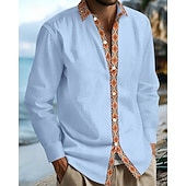 preiswerte Herrenhemd zum Knöpfen-Herren Hemd Sommerhemd Freizeithemd Strandhemd Knopfhemd Schwarz Weiß Marineblau Kaki Leicht Blau Langarm Argyle Revers Urlaub Hawaiianisch Patchwork Bekleidung Leinen Mode Lässig Bequem