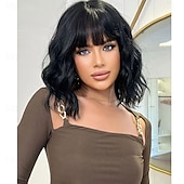 tanie Peruki imprezowe-Peruka typu bob syntetyczna z grzywką dla kobiet, bordowa, syntetyczna, odporna na ciepło, luźna, kręcona, falowana, krótka, bob w kolorze czerwonego wina, bezklejowa, fryzura na co dzień