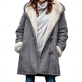 お買い得  フリースライニングジャケット-女性用 シェルパジャケット 快適 高通気性 ボタン エレガント カジュアル 平織り バケーション ストリート カジュアル デイリーウェア オープンフロント ロング フード付き レギュラー 長袖 アウターウェア ブラック ブルー グリーン 春 秋