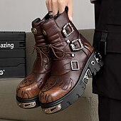 economico Stivali da motociclista-stivali da motociclista punk con lacci, fibbie e dettagli in metallo, con plateau e fiamme gotiche marroni da uomo per feste di Halloween, cosplay horror e festival a tema