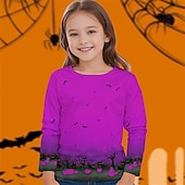 זול תחפושות לבנות-חג ליל כל הקדושים בנות תלת מימד דלעת חולצה קצרה טישירט שרוול ארוך אביב סתיו אופנתי בסיסי ילדים 4-12 שנים צווארון עגול קצר בָּחוּץ קזו&#039;אל יומי רגיל