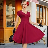 abordables Dresses-1950s Retro Vintage Midi Dress Swing Dress Flare Dress Solid Color Fit &amp; Flare V Neck Fancy Dress Women's Halloween Carnival Valentine's Day Casual Homecoming Retro Theme Party Adults' Dress Spring