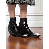 ゴールドのスタッズとメタルトゥが付いたレディースのブラックレザーウエスタンアンクルブーツ - ファッションストリートウェアやパーティーに最適なカウボーイスタイルのチャンキーヒールブーツ お買い得  チェルシーブーツ-ゴールドのスタッズとメタルトゥが付いたレディースのブラックレザーウエスタンアンクルブーツ - ファッションストリートウェアやパーティーに最適なカウボーイスタイルのチャンキーヒールブーツ