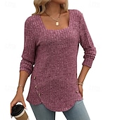 abordables Hauts Texturés-Femmes T-shirt Uni Élégant Mode Basique manche longue Col carré Hauts Réguliers Quotidien Week-end Patchwork Noir Bleu Violet Vert Blanc Ecru Printemps Automne Hiver