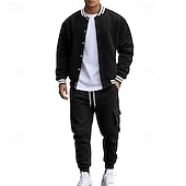 abordables sudaderas basicas-Hombre Sudadera Tracksuit Conjunto de atuendo Escote Chino Exterior Diario Deportes Correa Bolsillo Raya Negro Rojo Azul Marino Poliéster Ropa de Deporte Moda Ropa de calle Primavera