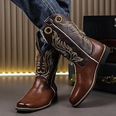 levne Cowboy &amp; Western Boots-Pánské kovbojské boty z vyšívané imitace kůže – klasické westernové jezdecké boty s prošívaným designem pro outdoor, country tanec a běžné nošení