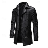 billiga Trenchcoat för män-Herr Rock Trenchcoat Lång trenchcoat Semester Dagligen Vår Höst PU Läder Vindtät Ytterkläder Kläder Mode Klassisk Slät Ficka Kavajslag Enkelknäppt