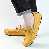 cheap Casual Loafers-Men's Yellow Ostrich Pattern Loafers with Metal Buckle, Casual Slip-On Driving Moccasins for Business, Summer Parties and Everyday Wear
