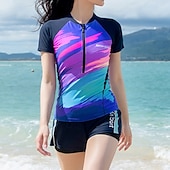 billiga One Pieces Rash Guards-Dam Rash-guards Baddräktsset 2-delade baddräkter med shorts Lappverk Dragkedja fram UPF50+ Snabb tork Hög Elasisitet Kortärmad Badkläder Surfing Dykning Snorkelfenor Sommar