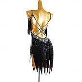 cheap Competition Dress-Women's Black Fringe Latin Dance Dress with Rhinestone Detailing, Sleeveless, and Crisscross Straps – Perfect for Salsa, Rumba, and Performance Wear