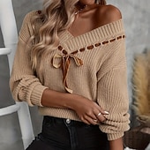 preiswerte Einfarbige Farben-Damen Pullover Mode Weich Einfarbig Gerippt V Ausschnitt Gestrickt Langarm Normale Oberteile Stricken Täglich Ferien Ausgehen Khaki Herbst Winter