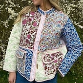billiga Quiltade pufferjackor-Dam Pufferjacka Quiltad jacka Vardaglig jacka Bekväm Andningsfunktion Ficka Knappar Ledigt Blommig Semester Gata Ledigt Dagliga kläder Enkelknäppt Kort Hög krage Normal Långärmad Ytterkläder Gul