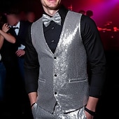 economico Abiti da festa-gilet da uomo con scollo a V, tinta unita, nero, argento e oro, vestibilità su misura