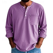 levne Pánská trička pro volný čas-Pánské Tričko Tričko Henley Trička Tričko Top Dlouhý rukáv Henley Jaro Podzim Bez vzoru Módní Designové Základní Kapsy Dovolená ulice Jdeme ven Fialová Černá Žlutá Top tričko pro muže