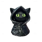 お買い得  ハロウィンの吊るし飾りとテーブルトップ装飾-ハロウィーンの帽子をかぶった黒猫の像。神秘的なフード付きの猫の置物。光る目を持つファンタジーな神秘的な彫刻。猫好きの方へのユニークな贈り物。 &amp;ゴシック様式のインテリア