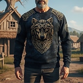 baratos Estampa animal-Homens Moletom Azul Preto Marron Gola Redonda Lobo Nó Celta Imprimir Casual Diário Streetwear Vintage Viking Outono Inverno Roupa Moletons Moletons Manga Longa