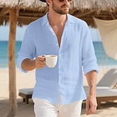 preiswerte Baumwoll-Leinenhemd-Herren Hemd Leinenhemd Freizeithemd Knopfhemd Baumwollhemd Einfach Urlaub Hawaiianisch Schwarz Weiß Gelb Marineblau Langarm Revers Frühling Herbst Bekleidung