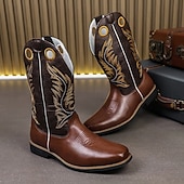 levne Cowboy &amp; Western Boots-Pánské kovbojské boty z vyšívané imitace kůže – klasické westernové jezdecké boty s prošívaným designem pro outdoor, country tanec a běžné nošení