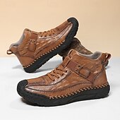 baratos Botas de cano curto-Botas masculinas de couro sintético genuíno marrom para caminhadas ao ar livre com sola antiderrapante – calçado casual para viagem e aventura