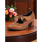  リボン付き1950年代風のブラックメリージェーンヒール。レトロなカットアウトのチャンキーヒールパンプス。デイリーヴィンテージウェアやスイングダンスに最適です。