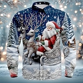 billiga Jultomtens outfit-Jul Herr jultomten Ren Julkostym Skjorta Knapp upp skjorta Långärmad Rolig Utomhus Helgdag Vår Höst Nedvikt 3D-utskrift Linne som skjorta Vit 1 Blå 2# Blå 1# Vit Vit 2
