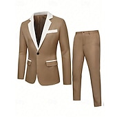 cheap Men&#039;s Classic Blazers-Men&#039;s Blazer Suits Business Cocktail Party Wedding Party 2 Piece Fashion Casual Spring &amp;  Fall Polyester Color Block Plain Pocket Buttons Comfortable Single Breasted Blazer Apricot