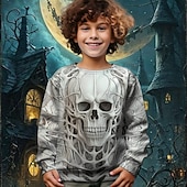 billiga Pojkes Halloween kostymer-Halloween Pojkar 3D Dödskalle Tröja Långärmad Vår Höst Mode Grundläggande Barn 4-12 år Rund hals Utomhus Ledigt Dagligen Normal