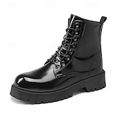 abordables Botas de combate-Botas con cordones para hombre de piel negra brillante con suela gruesa: imprescindibles para motociclistas, entusiastas del rock, estilo urbano informal y moda actual.