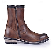 abordables Botas de cuero de primera calidad-Botas de cuero marrón de media pantorrilla para hombre: calzado retro de motociclismo de piel de vaca auténtica con correa de hebilla para estilo motero y uso informal al aire libre.