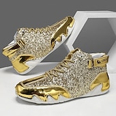 Недорогие Мужские ботинки-Мужские высокие кроссовки золотисто-белого цвета с блестящей отделкой — стильные и смелые, идеально подходят для вечеринок, модных вечеров и модных образов