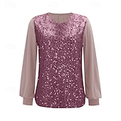  Per donna Maglietta Paillettes Patchwork Tinta unica Moda Elegante Classico Manica Lunga Girocollo Top Regolari Quotidiano Weekend Rosa Primavera Autunno