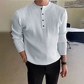 お買い得  リブニットTシャツ-男性用 Tシャツ マッスルシャツ リブニットTシャツ ティートップ 長袖 ヘンリーカラー 春 秋 冬 平織り ピットストリップ ファッション デザイナー ベーシック 編み バケーション ストリート カジュアル ブラック ホワイト ブルー メンズトップTシャツ
