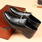 cheap Loafers-Men's Black Crocodile Pattern Loafers – Faux Leather Slip-On Dress Shoes with Glossy Finish, Elegant Business and Formal Party Footwear